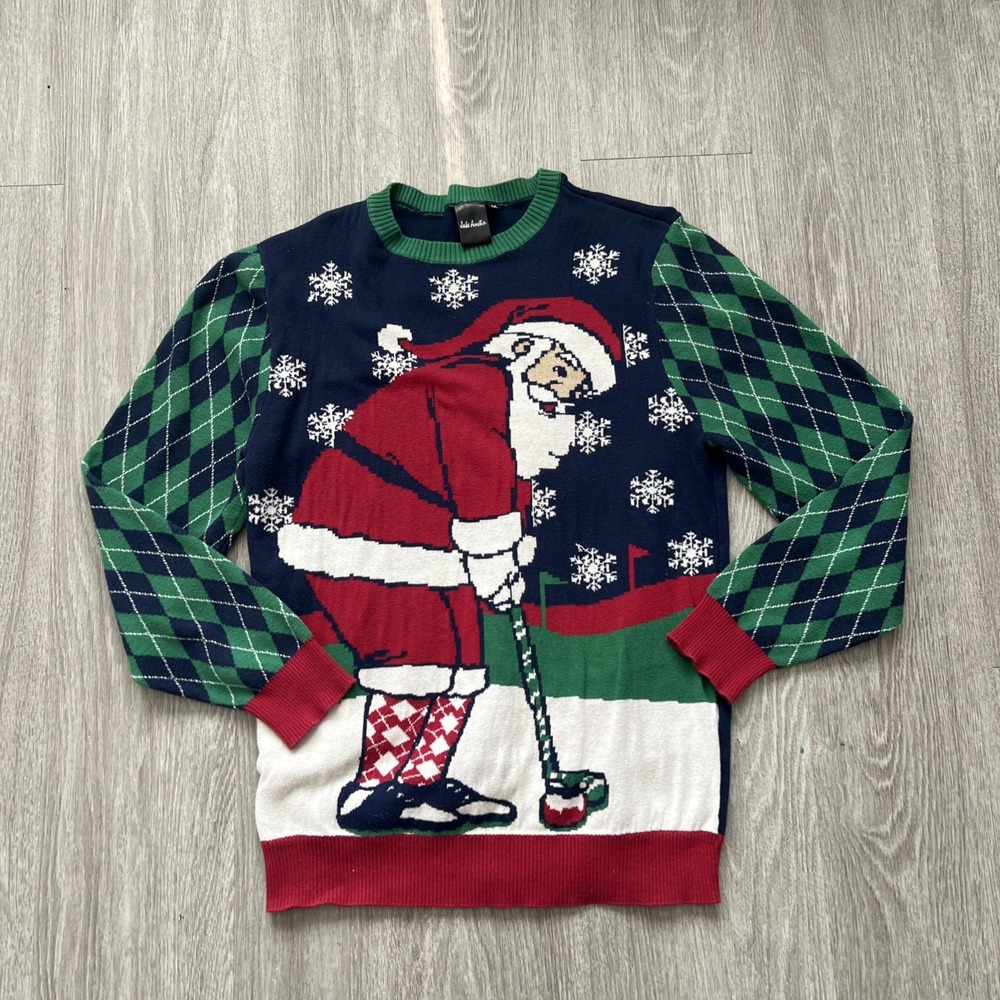 Christmas Holiday Santa Golf Argyle Snowflake Ugly Sweater Funny Quirky M